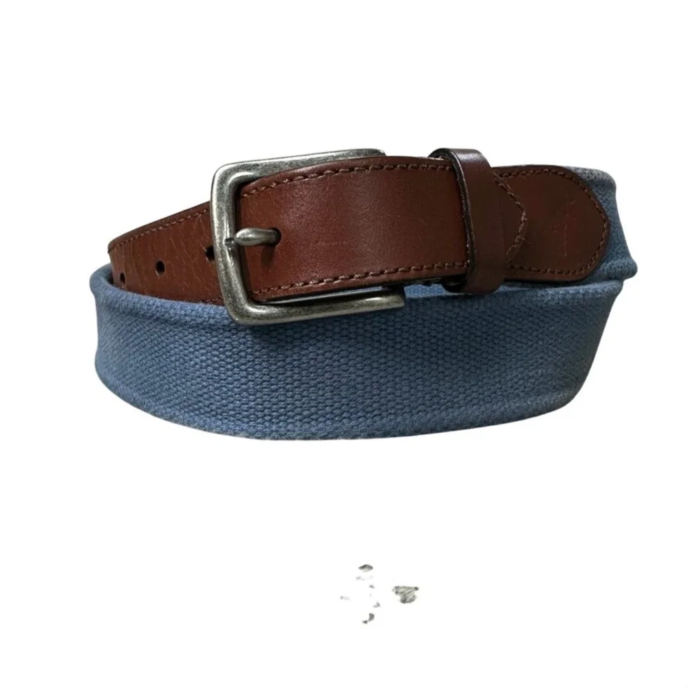 Tommy Bahama Mens XL 42-44 Blue Canvas Brown Leather Web Belt Marlin Logo